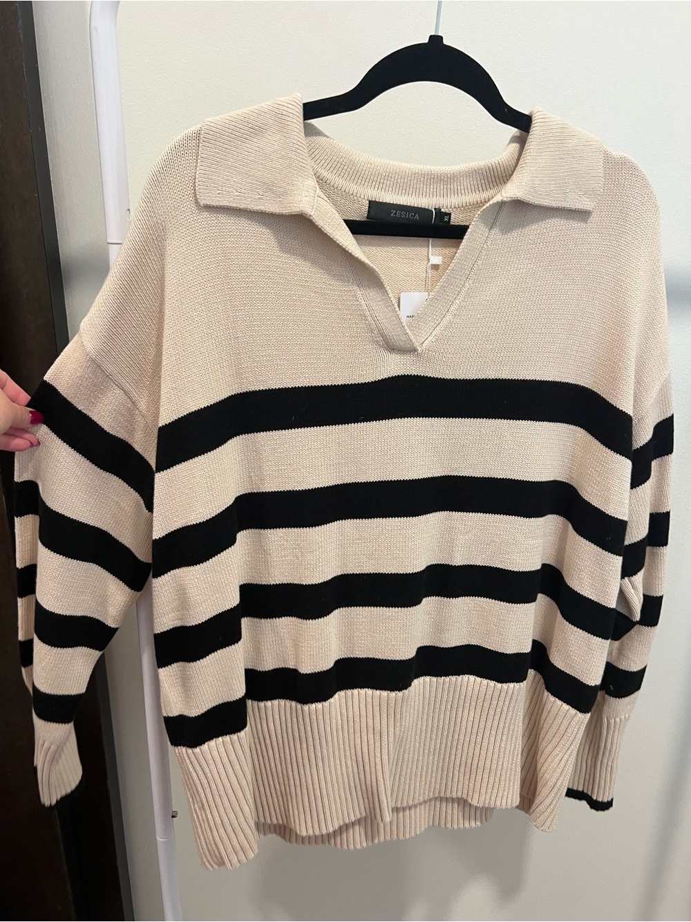 Zesica Cream V-Neck Collared Sweater with Black Stripes